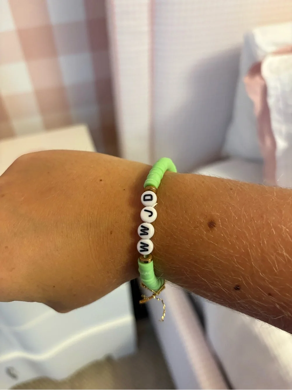 Kids Green Bead Name Bracelet with Gold Accents